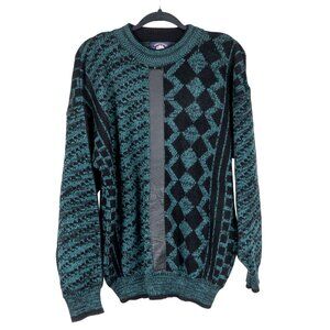 Aspetuck Trading Co VTG Sweater XL Mens Geometric Black Green Leather Trim